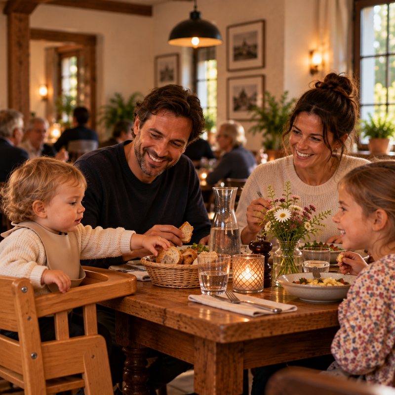 Eine Familie mit zwei Kindern beim Essen, das kleinere im Kinderstuhl