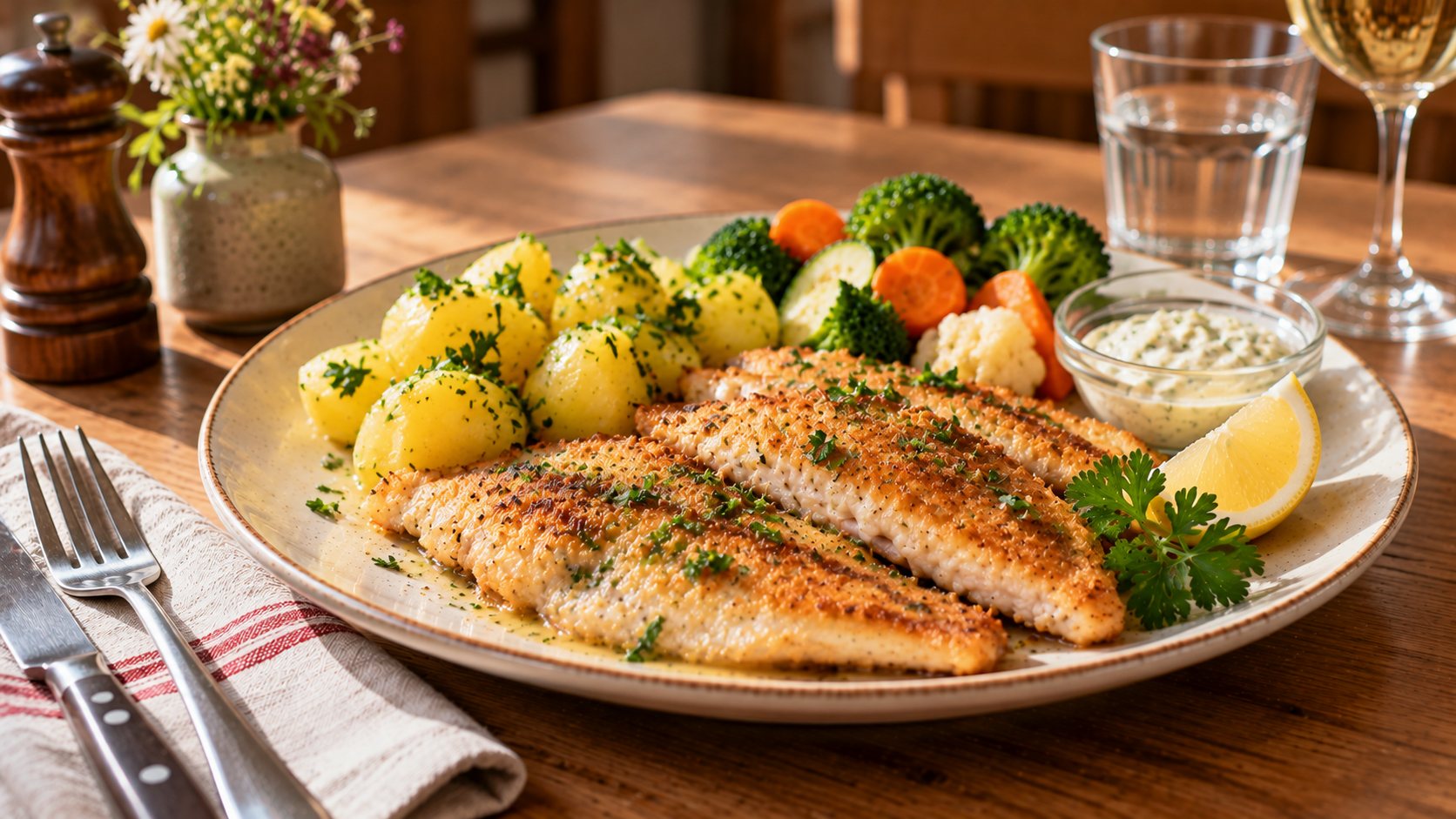 Gebratene Eglifilets mit Butterkartoffeln und Salat